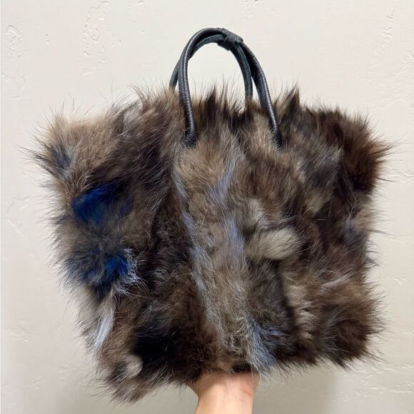 Genuine Fox Fur Handmade Large Tote/Metal Clip & Leather Handles Bag/Crossbody - Picture 13 of 16
